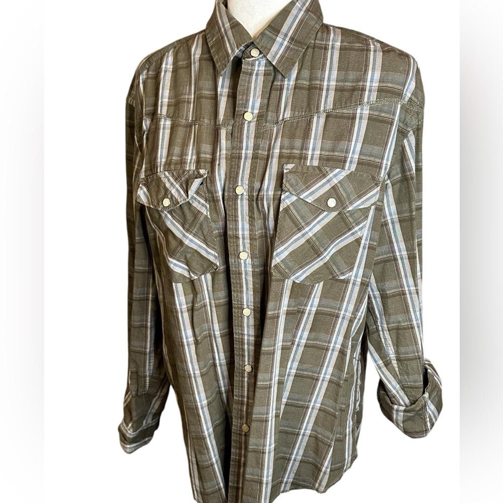Gap western country olive green plaid pearl snap button long sleeve shirt size L